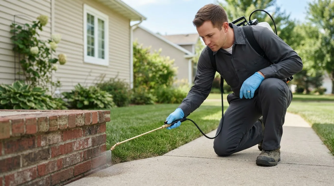 Pest control technician treating a home near Bassett, VA